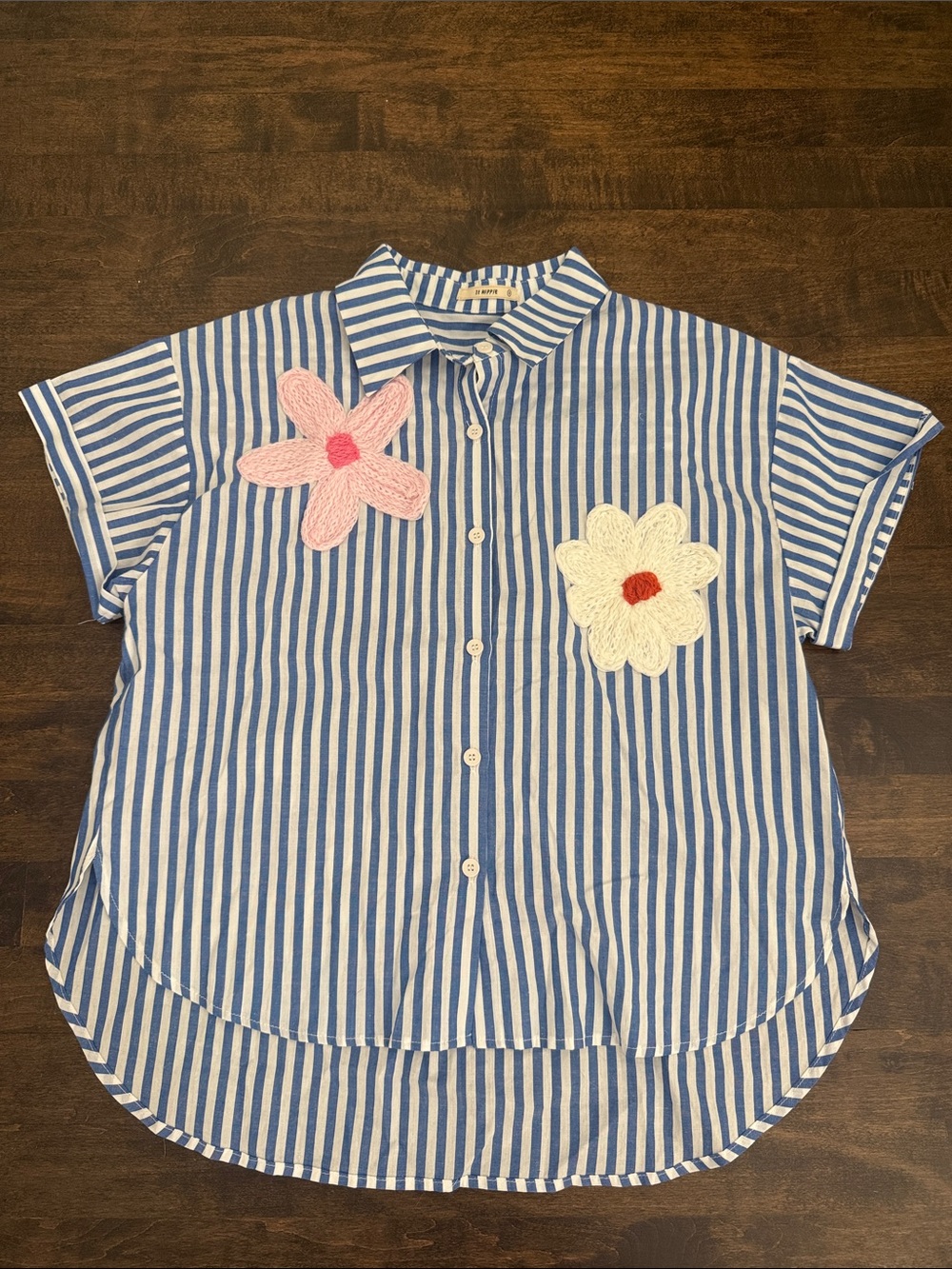 Blue & White Striped Short-Sleeve Shirt with Crochet Flowers